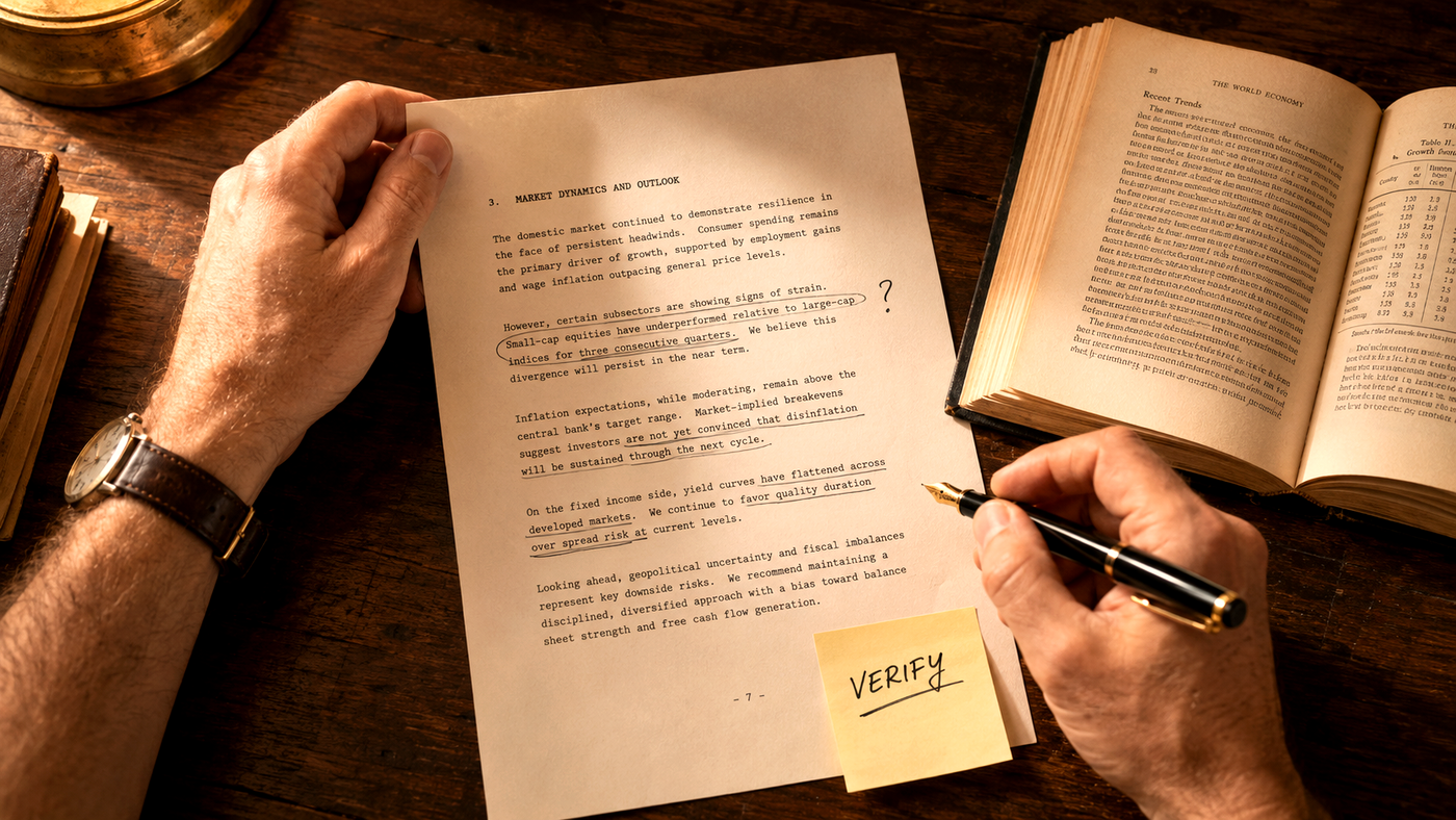 Hands reviewing a typed analysis page with passages underlined and circled, beside an open reference book, a fountain pen, and a yellow “Verify” sticky note.
