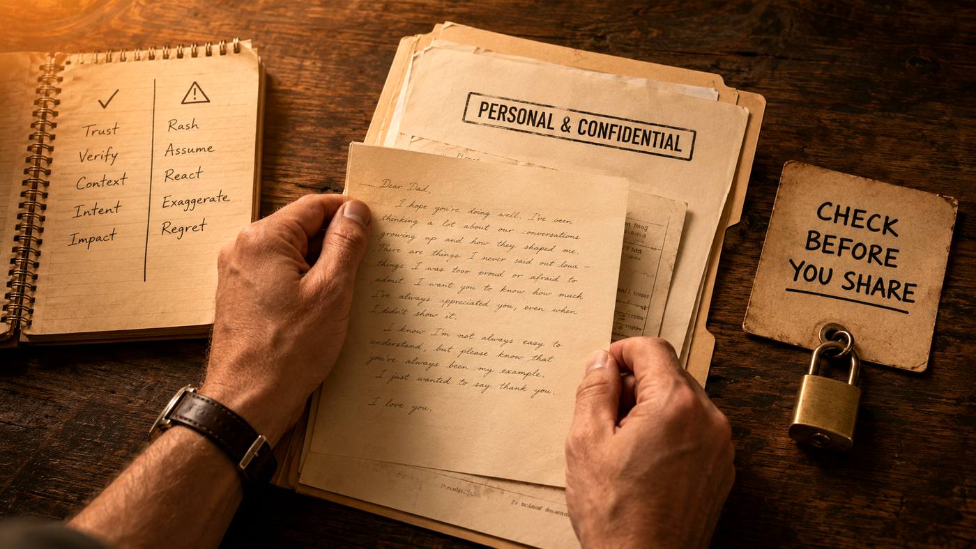 Hands holding a private handwritten letter over a folder stamped “Personal & Confidential,” next to a padlock and a “Check Before You Share” card.