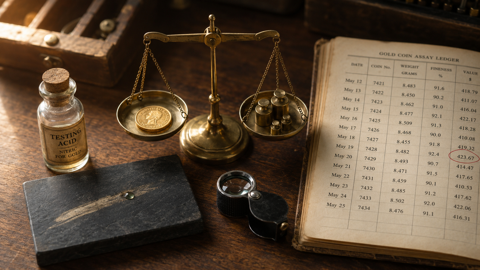 A gold coin weighed on a brass balance scale beside testing acid, a jeweler’s loupe, and an assay ledger with one entry circled — verifying authenticity before trusting it.