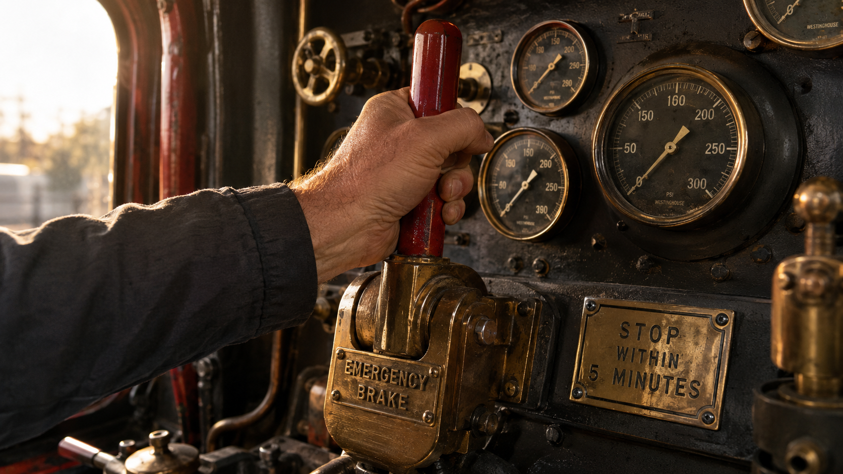 A hand pulling a red emergency-brake lever in a vintage locomotive cab, beside brass pressure gauges and a “Stop Within 5 Minutes” plate.