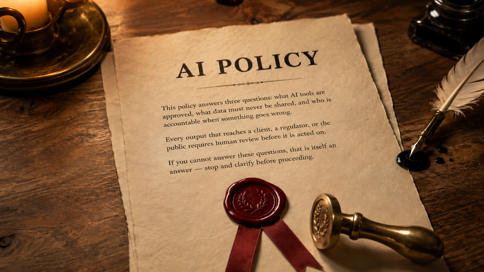 A parchment headed “AI Policy” with a red wax seal, quill, and inkwell, its text setting out what is allowed, what is not, and who is accountable.