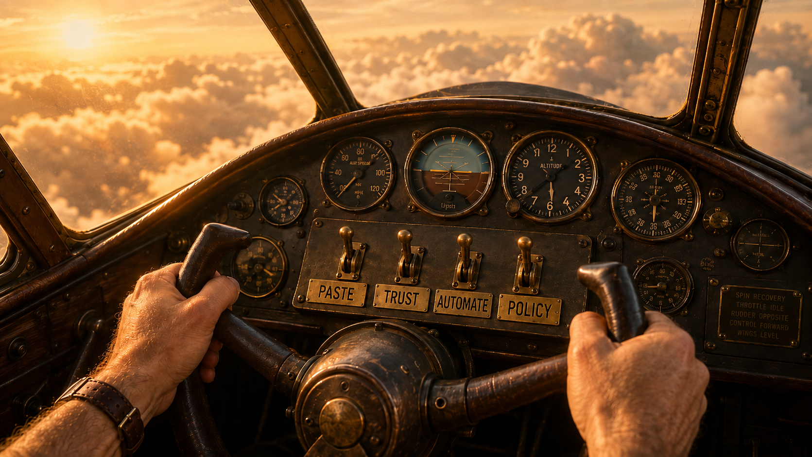 The view from a vintage aircraft cockpit above the clouds, hands on the controls, with four brass toggle switches labeled Paste, Trust, Automate, and Policy.