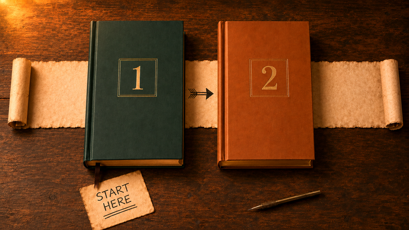 Two hardcover books labeled 1 and 2 with an arrow from the first to the second and a “Start Here” card, representing the guide’s two modules in sequence.
