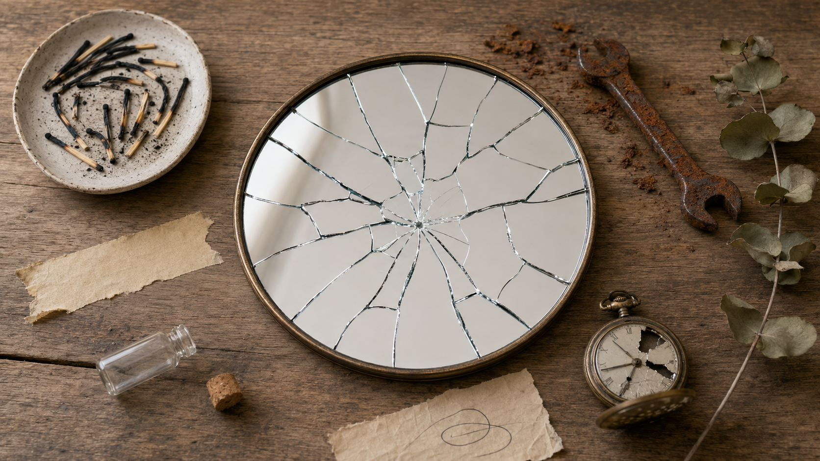 A shattered round mirror in a brass frame on a weathered desk, surrounded by burnt matches, a rusted wrench, and a cracked pocket watch — a still life of things that have failed.