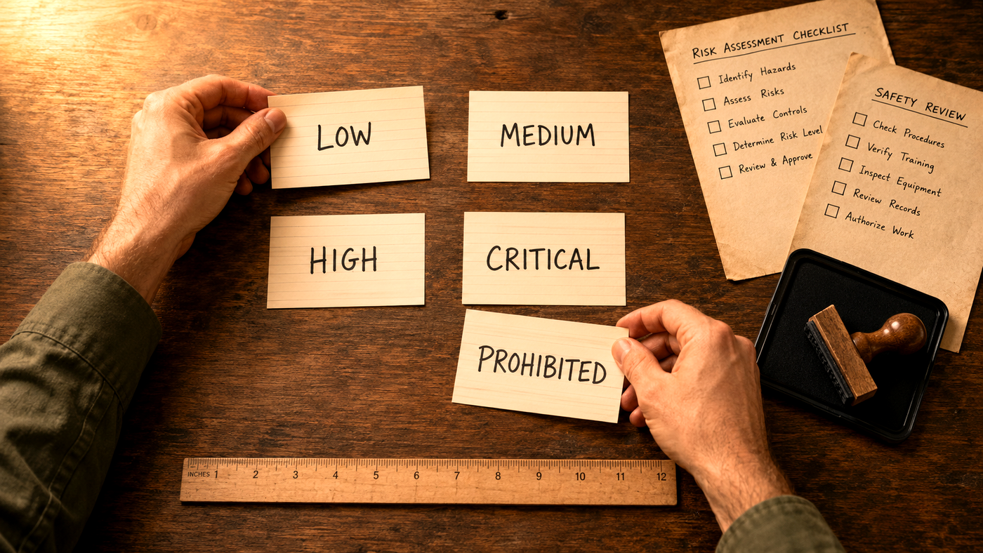 Hands arranging index cards labeled Low, Medium, High, Critical, and Prohibited beside a risk-assessment checklist and an ink stamp.