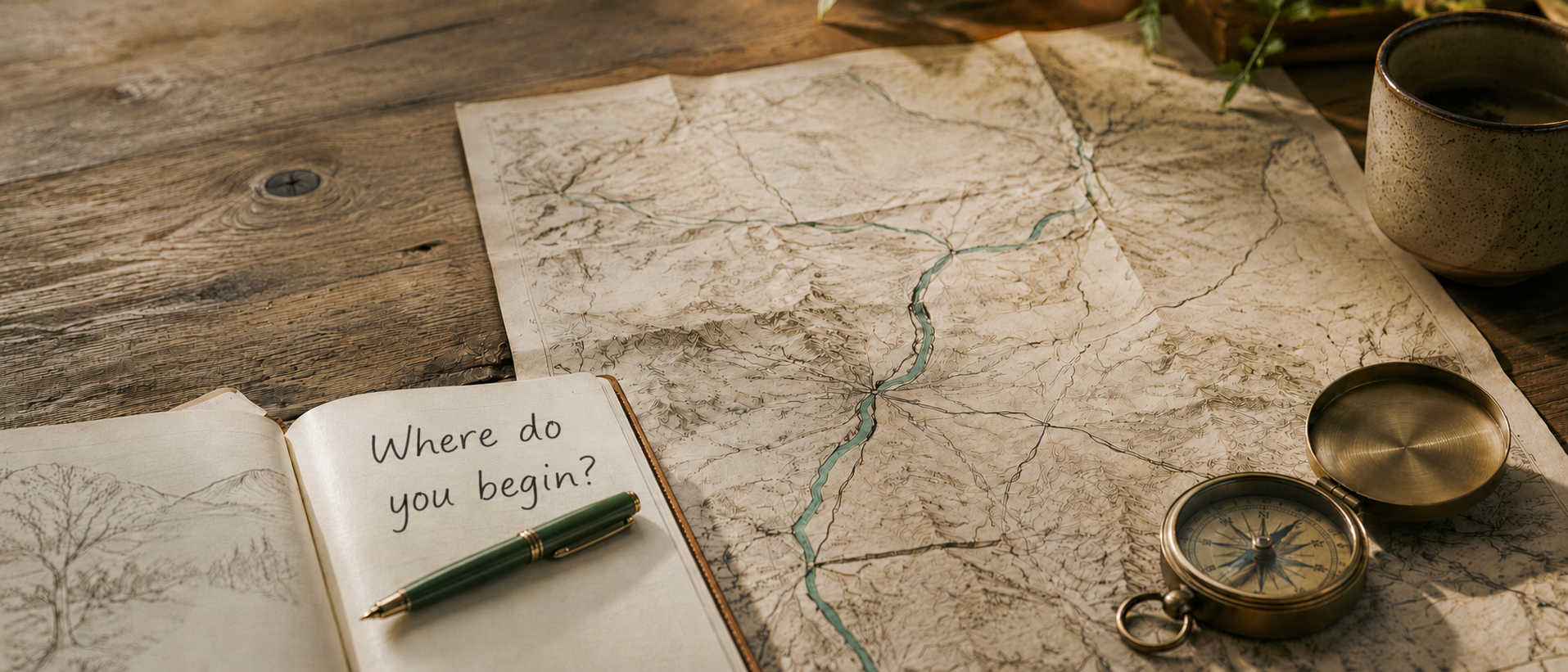 A map, open field notebook, compass, and coffee on a wooden desk.